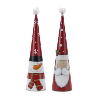 Melrose International Metal Santa and Snowman Cone (Set of 2) - Red, White, Green
