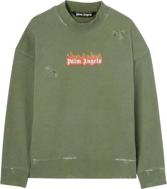 Palm Angels Mens Burning Logo Crewneck Military - Green Cotton - Size Medium