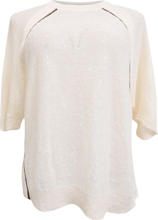 Brunello Cucinelli Monili Sequined Knitted Top in White Linen