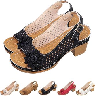 Generic Buckled Square Heel Sandals for Women, 2025 New Low Slingback Peep Toe Dress Sandals, Chunky Heeled Wedge Shoes (Black,37)
