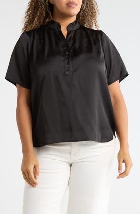 T Tahari Ruffle Split Neck Short Sleeve Top in Black at Nordstrom Rack, Size 2 X