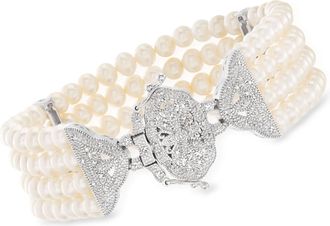 Ross-Simons 4.5-5mm Cultured Pearl and. Diamond Multi-Strand Bracelet in Sterling Silver