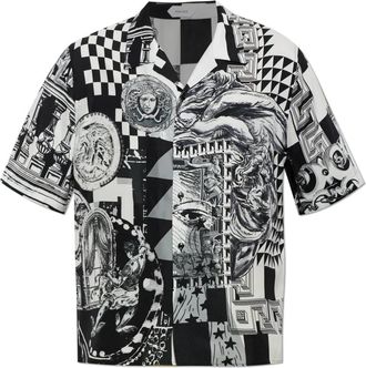 Versace Zijden Blouse Met Medusa Collage Print - Heren - Korte mouwen Overhemden - Zwart - L - Overhemden