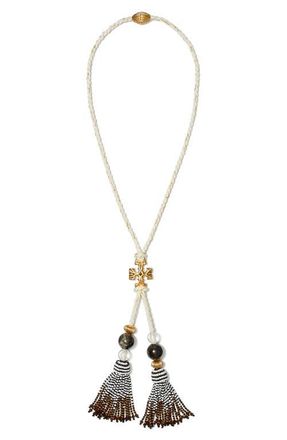Tory Burch Roxanne Tassel Y-Necklace in Rolled Brass /Neutral Multi at Nordstrom