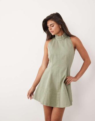 Asos vestito corto in twill con collo a imbuto e cuciture, verde oliva slavato