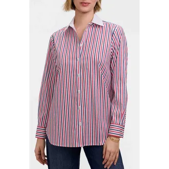 Foxcroft Stripe Boyfriend Button-Up Shirt in Red/Navy Blue at Nordstrom, Size X-Large