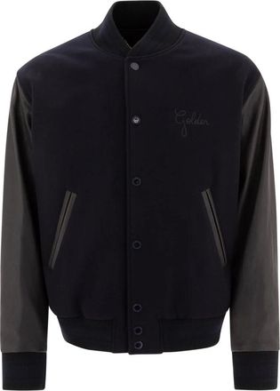 Golden Goose Bomber Jackets, male, Blue, L, Blue Wool Leather Bomber Jacket Aw25