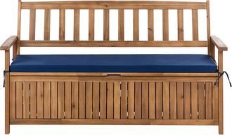Beliani Banco De Jard&iacute;n Con Almacenaje De Madera Maciza De Acacia R&uacute;stico 160 Cm Con Coj&iacute;n De Olefina Azul Sovana