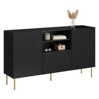 Dmora Aparador Stornara, Aparador De Sal&oacute;n Con Dos Puertas Batientes, Un Caj&oacute;n Y Dos Compartimentos Abiertos, Dise&ntilde;o Efecto Estriado, 150 X 42 H 82 Cm, Negr