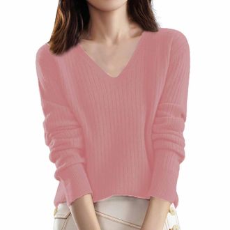 Generic Ladies Jumpers Trendy V Neck Fleece Knitted Jumpers Autumn Winter Warm Ribbed Sweaters Thermal Warm Knitwear Cozy Base Layer Pullover Sweaters,Pink,XX