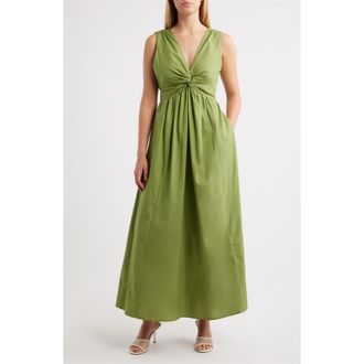 CeCe by Cynthia Steffe Twist Front Sleeveless Poplin Midi Dress in Baha Palm at Nordstrom, Size Xx-Small