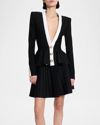 Balmain V-Neck Velvet Knit Peplum Jacket