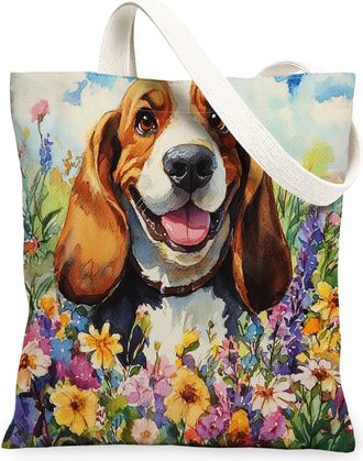 Generic Spring Basset Hound Dog Canvas Tote Bag for Shopping 13x15, Oil Painting Wildflower Puppy Reusable Grocery Print Pattern Bag for Women, Fun Pet Beach 