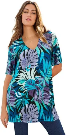 Roaman's Plus Size Henley Swing Tunic in Deep Turquoise Tossed Leaves at Nordstrom, Size 12