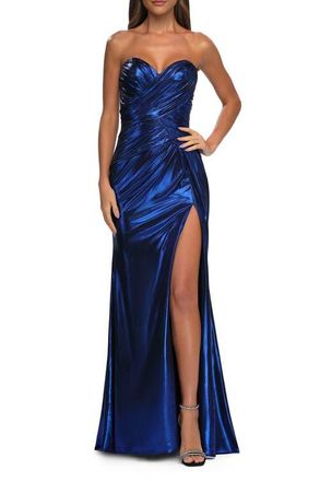 La Femme Metallic Jersey Dress with Ruching and Sweetheart Top in Royal Blue at Nordstrom, Size 4