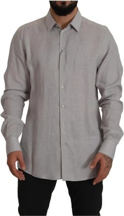 Dolce & Gabbana Klassieke Pasvorm Linnen Overhemd Lange Mouwen - Heren - Casual Overhemden - Grijs - 4XL - Linnen - Overhemden