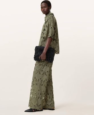 AllSaints Polyester Charli Embroidered Straight Fit Trousers, Size: UK 14/US 10