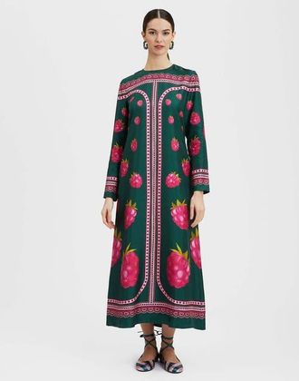 La DoubleJ Long Sleeve Swing Dress in Lamponi Plac&eacute;e Emerald at Nordstrom, Size X-Small