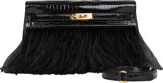 Herm&egrave;s Herm&egrave;s Kelly Elan Folie Black Crocodile Porosus Lisse Noir / Ostrich Feather And Gold Hardware