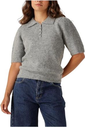 Object Grijze Gebreide Polo Sweater voor Vrouwen - Dames - V-hals truien - Grijs - XS - Wol - Truien & Vesten