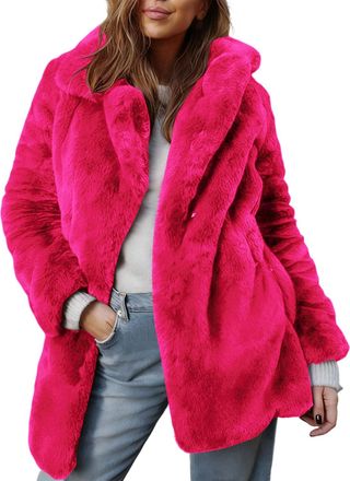 Generic Womens Faux Fur Coat Fuzzy Fleece Jackets Winter Warm Lapel Overcoats Fluffy Open Front Dressy Cardigan Windproof Outerwear Turndown Thick Plush Therm
