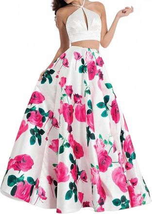 Rachel Allan Two-Piece Halter Ballgown In White/fuchsia