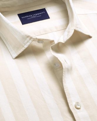 CHARLES TYRWHITT Short Sleeve Cotton Linen Stripe Shirt - Stone Size Large by Charles Tyrwhitt