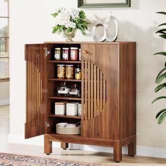 Tribesigns Tribesigns Credenza da buffet con ante tonde a feritoie, contenitore da cucina con ripiani rimovibili, armadietto in legno a 5 ripiani per soggiorno
