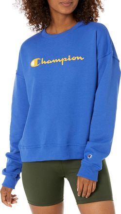 Champion Womens Powerblend Relaxed Crew (Retired Colors) Pullover Sweater, Deep Dazzling Blue Script, S