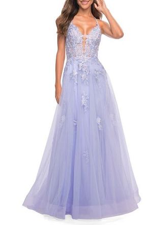 La Femme Tulle A-line Dress with Jeweled Lace Appliques in Lilac Mist at Nordstrom, Size 00