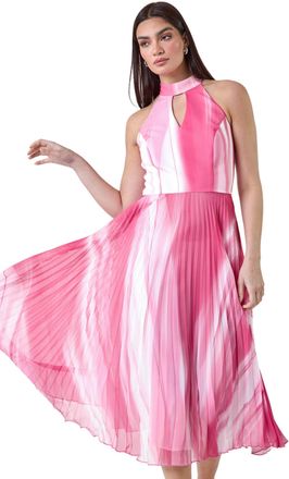 Roman Womens Ombre Stripe Pleated Midi Dress - Pink - Size 14 UK
