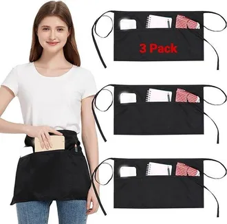 OEM Delantal De Cintura, Delantal Negro Ajustable Con Bolsillos, Chefs, Personal De Servicio, Cocina Y Reposter&iacute;a, Conjunto De Tres Piezas