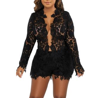 Generic Border European and Fashion Womens Clothing Hollow Solid Color Shirt Long Sleeved Shorts Two Piece Set Long Swim Shorts Two Piece Bathing Suits for Wo