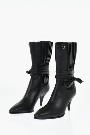 Dsquared2 Stivaletti in Pelle con Dettagli Plissettati e Laccetti Laterali Tacco 7cm Dsquared2
