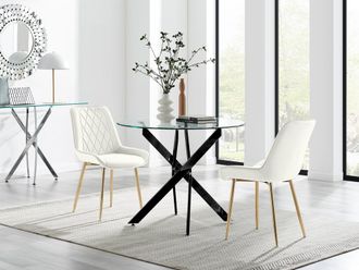 Furniturebox Novara 100cm Round Black Leg Dining Table & 2 Pesaro Gold Leg Chairs in Cream