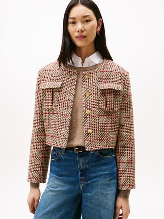 Tommy Hilfiger Kurzblazer TOMMY HILFIGER TWEED LADY JACKET, Damen, Gr. 34, bunt (rot, grau check), Web, Obermaterial: 36% Baumwolle, 25% Polyester, 24% Polyacryl, 10