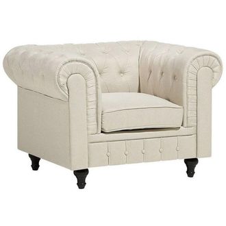 Beliani Sill&oacute;n Tapizado De Tela Beige Patas De Madera Oscura Estilo Contempor&aacute;neo Chesterfield