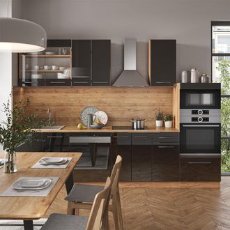 Vicco Mueble De Cocina Fame-line, Antracita Brillo Intenso/roble Dorado El&eacute;ctrico, 300 Cm Con Armario Alto, Sin Encimera