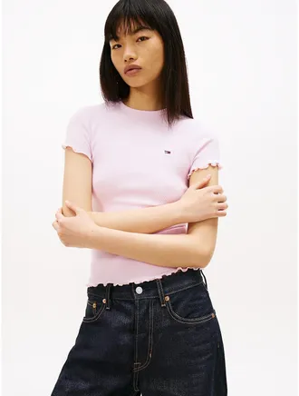 Tommy Hilfiger Womens Tommy Jeans Lettuce-Trim T-Shirt - Pink - XL