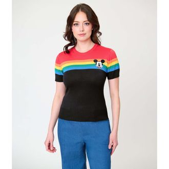 Unique Vintage Patterned Short Sleeve Sweater in Black Rainbow Mickey at Nordstrom, Size X-Large