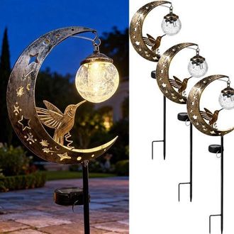 OEM L&aacute;mpara Solar De Jard&iacute;n Con Forma De Colibr&iacute; Y Luna, Cristal Craquelado, Estaca De Metal Impermeable, Iluminaci&oacute;n Led Blanca C&aacute;lida Jard&iacute;n, Awn