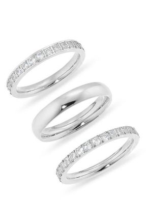 Nordstrom Set of 3 Waterproof Cubic Zirconia Stackable Rings in Clear- Silver at Nordstrom, Size Medium