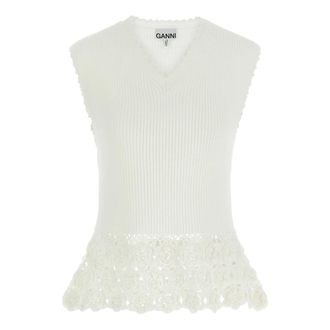 Ganni V-neck Knitwear, female, White, Size: XS Cotton Crochet Vest