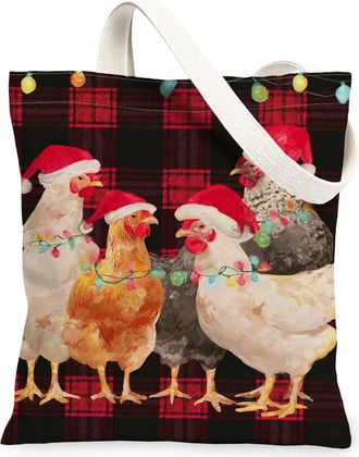 Generic Christmas Chicken Canvas Tote Bags, Festive Poultry Pattern Reusable Grocery Bags, Vintage Plaid Lightweight Washable, Red, 13x15 Inch