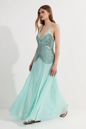 Karen Millen Womens Embellished Geo Strappy Woven Maxi Dress - Pale Blue - Size 12 UK