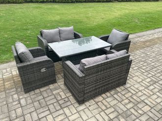 Fimous Rattan Furniture Outdoor Garden Dining Set Patio Height Adjustable Rising lifting Table Love Sofa Chair Set in Dark Grey