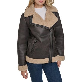 Levi's Faux Shearling Lined Faux Leather Moto Jacket in Mole/Sesame at Nordstrom, Size X-Large