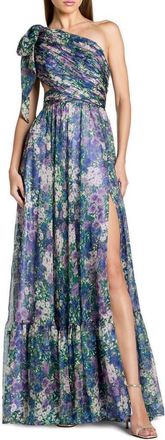 Mac Duggal Petite One Shoulder Floral Printed Chiffon Side Cut Out Gown in Lilac Multi at Nordstrom, Size 12