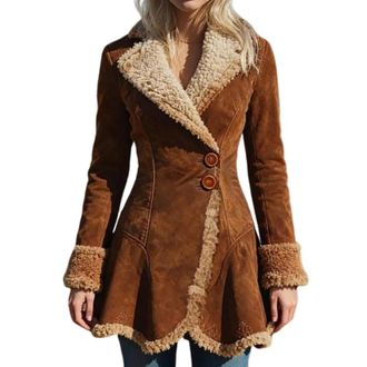 Generic Suede Fleece Jacket, Womens Faux Fur Lined Suede Coat Winter Thicken Warm Ruffles Lapel Jacket Slim Fit Tunics Mid-Length Thermal Sherpa Outerwear Fas