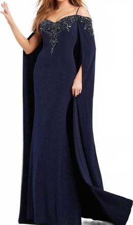 Jovani Long Cape Embellished Evening Gown In Navy
